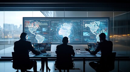 Leinwandbilder - Silhouetted business executives conducting a global strategy meeting in a cyberpunk inspired atmosphere