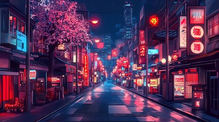 Poster - Neon-lit Japanese street at night, cherry blossoms, wet pavement, cityscape background.