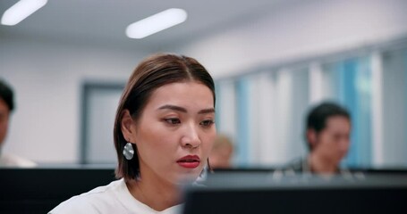 Poster - Computer, business training and girl in center for research, growth or development in office. Tech, teamwork and Japanese people in coworking space for online course, productivity or web management
