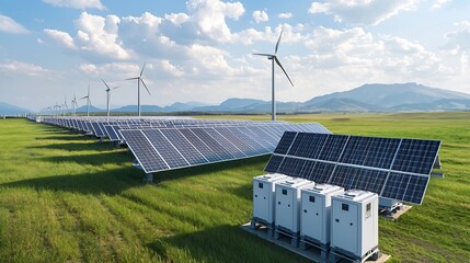 Fototapete - Interconnected smart grids efficiently balancing renewable and non renewable energy sources with advanced battery storage and data driven optimization for a sustainable energy future