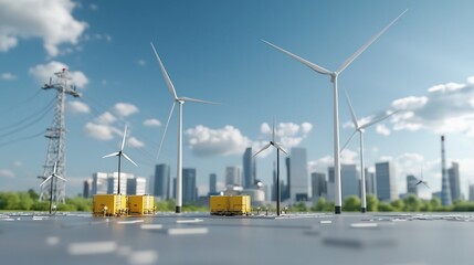 Aufkleber - Futuristic 3D of a carbon neutral city with a smart grid infrastructure that seamlessly integrates renewable energy sources and energy storage facilities for efficient and sustainable power