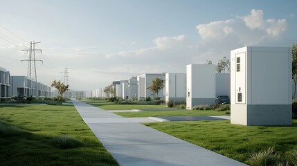 Poster - of a smart neighborhood supported by a smart grid with advanced energy storage systems that optimize electricity use and grid stability featuring renewable energy sources