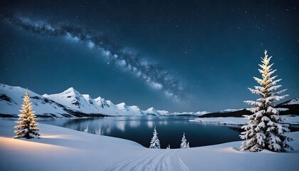winter landscape with snow covered trees, lapland wallpaper, snowy hills with a frozen lake in the background, polar landscape