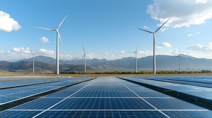 Poster - Aerial view of a renewable energy landscape featuring solar cells and wind turbines in a smart grid powered city promoting clean and sustainable energy production for a greener future