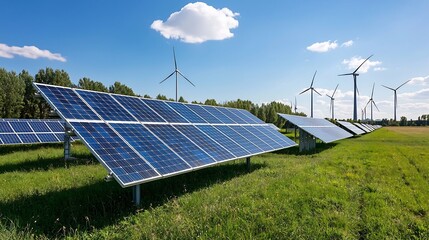 Fototapete - Advanced energy storage technologies and renewable energy with solar panels and wind farms connected to a smart grid infrastructure highlighting sustainability efficiency and the future of clean power