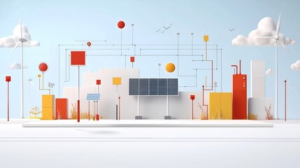 Poster - Futuristic cityscape with a smart power grid system utilizing solar panels and wind turbines to generate clean renewable electricity and store it in energy storage systems for efficient