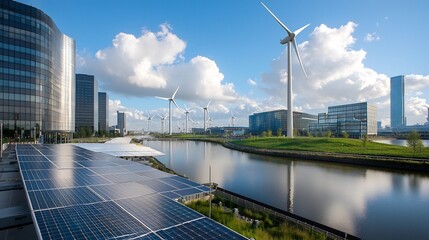 Poster - Smart urban area with cutting edge energy infrastructure featuring solar panels wind turbines and energy storage systems for sustainable eco friendly power and distribution