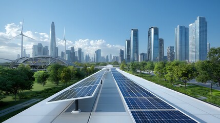 Poster - Futuristic cityscape featuring renewable energy sources such as solar panels and wind turbines integrated into a smart grid system for efficient power distribution within an urban environment