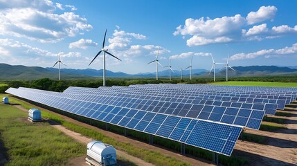 Poster - Conceptual of a smart grid system that combines renewable energy sources like solar and wind power with energy storage solutions to enable stable and efficient power distribution for the future