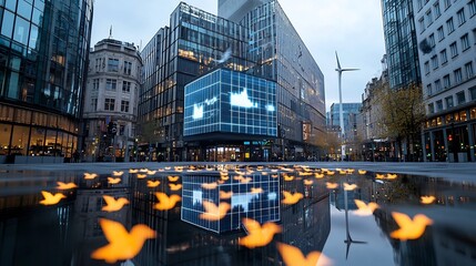 Fototapete - Futuristic high tech metropolitan city skyline powered by renewable energy sources such as solar panels and wind turbines