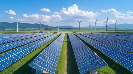Leinwandbilder - Sustainable energy solution showcasing solar panels and wind farms connected to a smart grid with energy storage highlighting the of renewable power sources and efficient energy distribution