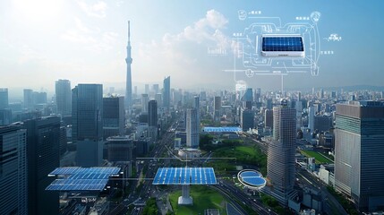 Poster - Conceptual of a futuristic smart city powered by a renewable energy grid system with advanced battery storage for optimized energy use and sustainability