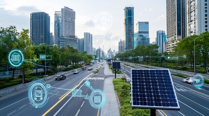 Poster - Innovative smart city landscape featuring a modern urban skyline powered by a sophisticated clean energy grid system with renewable sources efficient storage