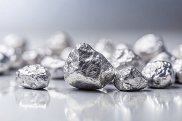 Wall Mural - Minimalist Still Life of Aluminium Nuggets on a Crisp White Background for Modern Aesthetic and Industrial Texture Representation