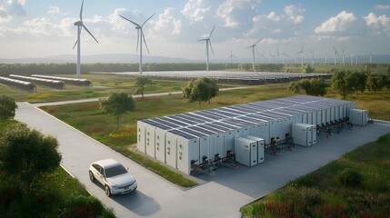 Fototapete - Efficient Green Energy Hub Integrating Renewable Energy Sources High Capacity Storage and Optimization for Optimal Energy Distribution and Sustainability