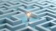 © Srinard - Close up view of a minimalist maze design with a bright light bulb at the exit set against a blue and white background representing the concept of breakthroughs problem solving and idea
