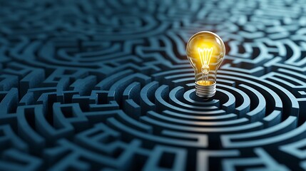 Poster - Glowing light bulb in the center of a geometric maze on a dark blue background symbolizing creativity problem solving and the eureka moment of a new idea or breakthrough concept