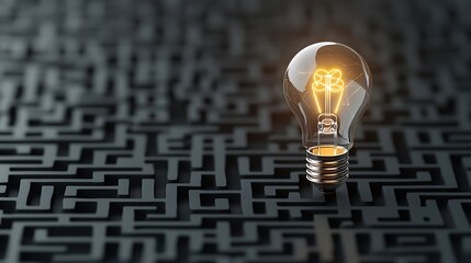 Fototapete - Captivating Concept Featuring a Glowing Light Bulb at the Center of an Intricate Labyrinth on a Striking Black and Gold Background Symbolizing the Power of Innovation and Creative Thinking
