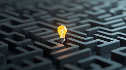 Fototapete - Generative Concept with Glowing Light Bulb at the Heart of a Labyrinth on Black Gold Background Representing Innovation and Creative Thinking