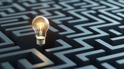 Fototapete - Generative Concept with Glowing Light Bulb at the Heart of a Labyrinth on a Black and Gold Background Representing Innovation and Creative Thinking