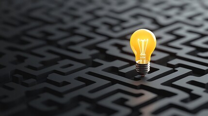 Fototapete - Glowing Light Bulb at the Heart of a Labyrinth on a Dramatic Black and Gold Background Symbolizing the Concepts of Generative AI Creativity and Innovative Thinking