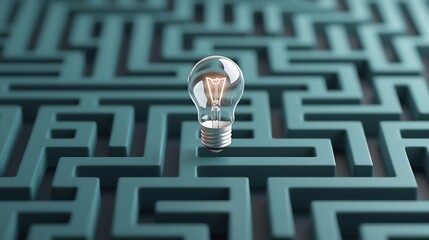 Fototapete - A glowing light bulb at the center of a dark intricate maze on a green background representing the spark of innovation and the process of discovering new ideas through challenges and problem solving
