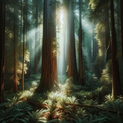 Wall Mural - A dense forest with towering redwoods and patches of sunlight breaking through