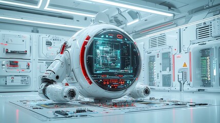 Aufkleber - technician in a sleek modern industrial workspace tending to streamlined energy storage units and a holographic interface surrounded by intricate circuit boards and high tech equipment