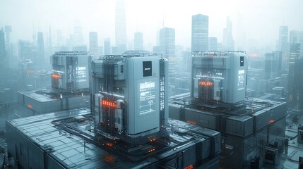 Leinwandbilder - Efficient energy distribution through interconnected smart grid systems with battery storage futuristic urban cityscape featuring sleek high rise buildings and advanced infrastructure