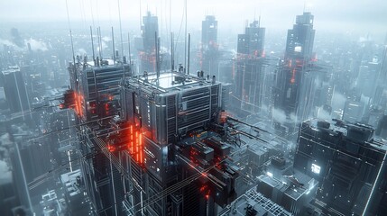 Poster - Efficient Energy Distribution Through Interconnected Smart Grid Systems with Battery Storage and Futuristic Urban Cityscape  Sleek High Rise Buildings Advanced Infrastructure