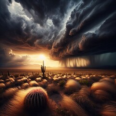 Wall Mural - A dramatic storm over a windswept desert landscape with a single cactus