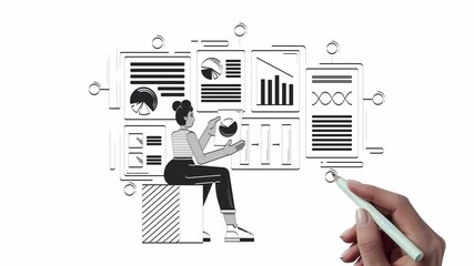 Poster - Data-driven product management hand drawn whiteboard sketch animation. Business analyst with charts 4K video. Project manager african american woman animated handdrawn concept pencil drawing