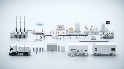Poster - of a futuristic power grid seamlessly connecting various renewable and conventional power plants to industrial commercial and residential consumers in a modern efficient