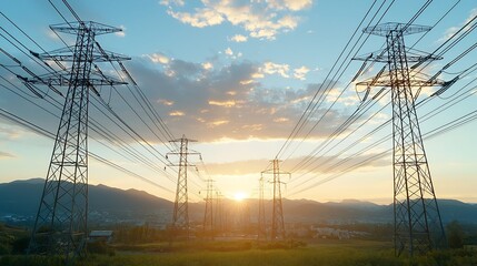 Fototapete - Seamless of renewable and traditional energy sources through smart grid management systems to ensure efficient and sustainable energy distribution for modern city infrastructure