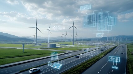 Fototapete - Centralized grid management system orchestrating the of various renewable and conventional power sources electric vehicles and smart buildings to optimize energy distribution reliability