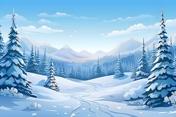 Wall Mural - A Fantasy landscape a glacier island, snow, fairy  illustration, nature, vector, background, hill, sky, mountain, tree, environment, horizon, summer, blue, forest, landscape - scenery, horizontal,