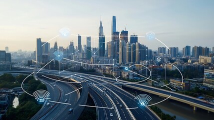 Poster - Futuristic High Tech City Skyline with Smart Grid and Digital Network Overlay Showcasing Advanced Energy Storage Solutions and Data Flow Connectivity