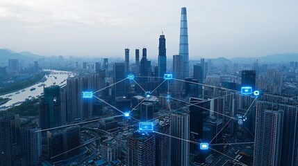 Fototapete - Panoramic view of a high tech city skyline featuring a smart grid system with advanced energy storage solutions and a digital network overlay displaying the flow of data