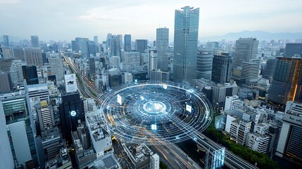 Poster - Futuristic urban landscape showcasing energy efficient skyscrapers a smart grid power network and a digital data overlay highlighting seamless connectivity and technological innovation
