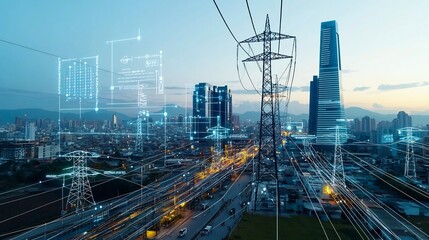 Poster - Futuristic urban cityscape featuring energy efficient skyscrapers smart power grid network and a digital data overlay highlighting the interconnected connectivity of the future city ecosystem