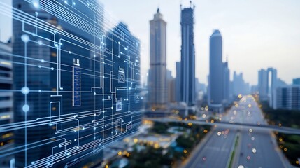 Aufkleber - Advanced futuristic city powered by smart grid technology with integrated energy storage in skyscrapers and digital network elements  The city features a modern