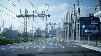 Poster - Futuristic cityscape with smart grid power system energy storage within buildings and a high tech network of data circuits