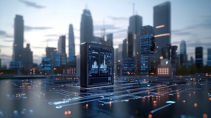 Aufkleber - Futuristic digital skyline showcasing the seamless of advanced technology smart grid and data circuits powering a sustainable and efficient urban environment of the future