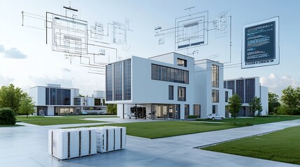 Aufkleber - Futuristic City with Intelligent Power Grid and Data Network A concept depicting a smart sustainable urban landscape with energy storage systems high tech infrastructure