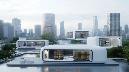 Poster - Futuristic architecture in a city powered by a smart grid technology and energy storage embedded in the buildings