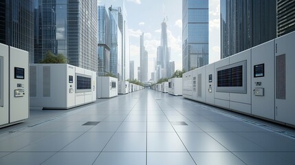 Poster - Innovative futuristic architecture in a smart city skyline featuring sustainable energy storage and digital network technology seamlessly integrated into the building design and urban landscape