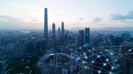 Poster - Futuristic City Skyline with Integrated Smart Grid Infrastructure and Innovative Digital Network Overlay Solutions for Efficient Energy Distribution and Management