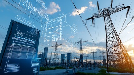 Poster - Futuristic cityscape with smart grid technology energy storage integrated into architecture and data visualization displays powering a modern sustainable metropolis of the future