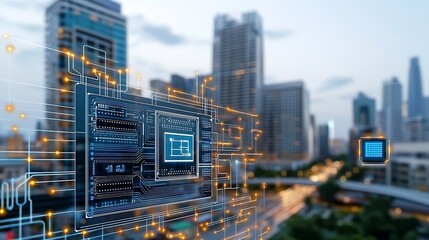 Leinwandbilder - Futuristic urban skyline with advanced energy storage and smart grid connectivity  Modern digital foreground with data points