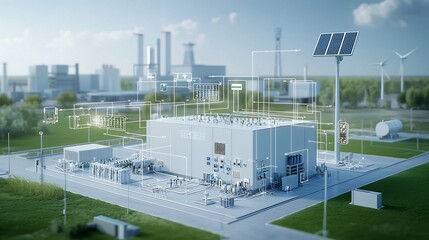 Aufkleber - Modern Grid Network Connecting Renewable Energy Sources to Residential Commercial and Industrial Users Through a Central Hub for Efficient Sustainable Power Distribution and Management